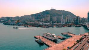 Connect Busan Hotel & Residence في بوسان: اطلالة على ميناء مع قوارب في الماء