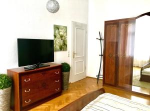 een woonkamer met een televisie op een dressoir bij City Center Leipzig in Leipzig