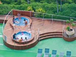 a pool on a deck with people in the water at French Banyan in Honolulu