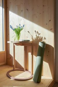 a wooden table with a green tube next to a table with a plant at Carina - Design&Lifestyle hotel in Zermatt