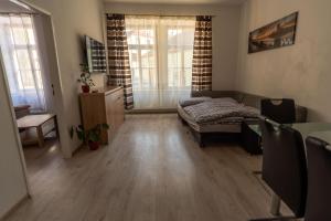 ein Wohnzimmer mit einem Bett und einem Tisch in der Unterkunft Apartmán Znojmo in Znojmo