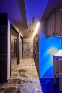 a walk in shower with a blue wall at Carina - Design&Lifestyle hotel in Zermatt