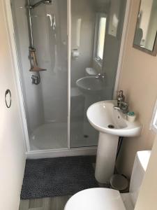a bathroom with a shower and a toilet and a sink at Luxe Chalet op camping Duindoorn, IJmuiden aan Zee, in de buurt van F1 circuit Zandvoort en Bloemendaal op loopafstand strand in IJmuiden