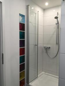 a shower with a glass door in a bathroom at Bobbele Freiburg Zentrum in Freiburg im Breisgau