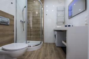 a bathroom with a toilet and a shower and a sink at Apartamenty Izerskie - ul. Sienkiewicza 9 in Świeradów-Zdrój +20 photos