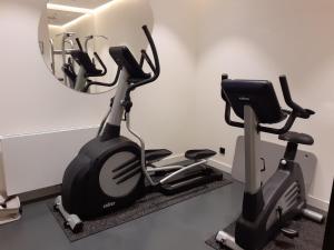 a gym with two exercise bikes and a mirror at Urban Creme in Prague +43 photos