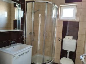 a bathroom with a shower and a toilet and a sink at Lavender Apartments in Drage