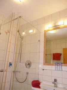 a bathroom with a shower and a sink at Gasthof Schloßbräu Lintach in Freudenberg