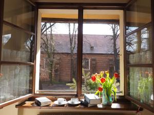 a window with a vase of flowers on a table at Jugendgästehaus Cottbus in Cottbus