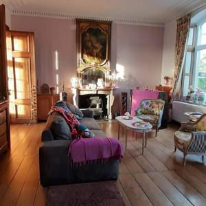 a living room with a couch and a fireplace at Le Chant du coucou in Huy