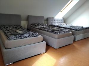 three beds in a room next to each other at Apartmány Borská in Karlovy Vary