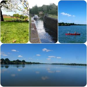 cuatro fotos de personas en un barco en un río en Au pied de l étang et du canal du Nivernais bazolles, en Bazolles