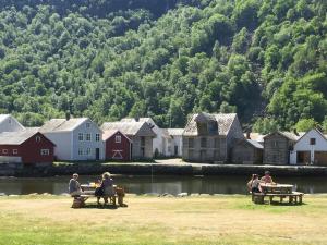 un grupo de personas sentadas en mesas de picnic junto a un cuerpo de agua en Old town boutiqe apartments/ Gamle Lærdalsøyri boutique leiligheter, en Lærdalsøyri