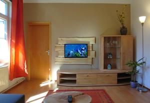 uma sala de estar com uma televisão de ecrã plano num centro de entretenimento em Ferienwohnung Weseraue em Holzminden