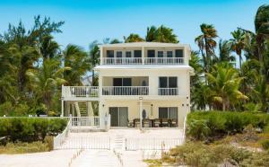 a white house on the beach with palm trees at Villa Turkuaz in Providenciales