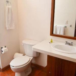 uma casa de banho com um WC branco e um lavatório. em Hotel Posada Santa Rita em Mascota