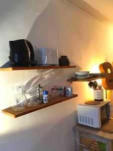 a kitchen with wooden shelves with a microwave and acomputer at Studio Picnic in Chambéry