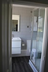 a bathroom with a shower and a sink and a toilet at The Five Pilchards Inn in Helston
