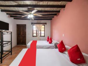 a bedroom with two beds with red pillows and a ceiling at Hacienda Del Angel in Parras de la Fuente