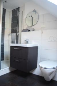 a bathroom with a sink and a toilet and a mirror at Ferienwohnung Landquartier in Schweppenhausen