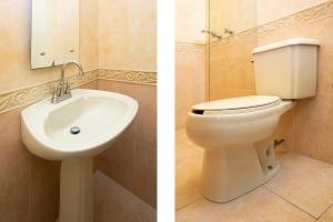 two pictures of a bathroom with a toilet and a sink at Hotel Casa del Virrey & Suites in Morelia