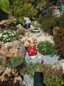 a garden with rocks and plants and a mushroom at Caicai Bed And Breakfast in Saluzzo