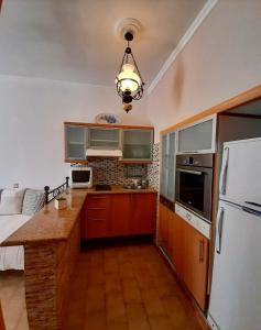 a kitchen with a refrigerator and a counter top at NEFELI apartments in Poros