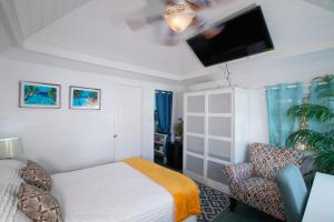 a bedroom with a bed and a flat screen tv at Garden Cottage - At Orange Hill in Nassau +6 photos