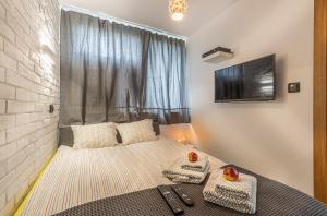 um quarto com uma cama e uma televisão na parede em Apartment Strict Warsaw Center - Metro, Free Parking em Varósvia