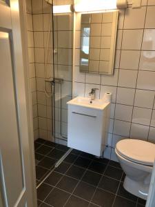 a bathroom with a toilet and a sink and a mirror at Mosjøen Overnatting, Vollanvegen 13 in Mosjøen