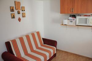 - un salon avec une chaise et un four micro-ondes dans l'établissement Casa de Vacanta Sarinasuf, à Sarinasuf