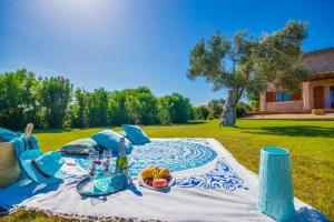 Una manta de picnic con una mesa con fruta. en Ses Poves, en Alcudia