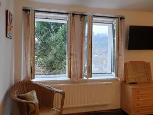 a room with two windows and a chair and a dresser at Chalupa Pomněnka in Jáchymov