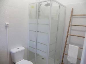 a bathroom with a toilet and a glass shower at Villa Margarida in Viana do Castelo