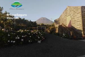 um jardim com flores e uma montanha ao fundo em Casas Alto da Bonança em São Roque do Pico