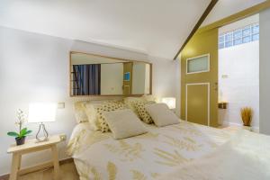 een slaapkamer met een groot bed met een spiegel aan de muur bij STYLISH LOFT AT CHUECA´S HEART in Madrid