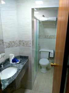 a bathroom with a toilet and a sink at Hotel Marbor in Mogi das Cruzes