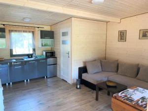 ein Wohnzimmer mit einem Sofa und einer Küche in der Unterkunft Natura Domki Anastazewo in Anastazewo
