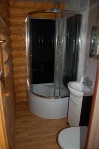a bathroom with a shower and a toilet and a sink at Idylla in Chłopy +48 photos