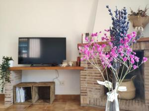 ein Wohnzimmer mit einem Kamin und einer Vase mit lila Blumen in der Unterkunft Casa Palau - Relax y naturaleza a los pies del Montseny Arbúcies in Arbúcies