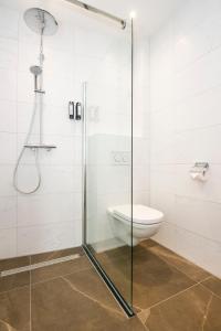 a glass shower stall in a bathroom with a toilet at Hotel Royal in Noordwijk