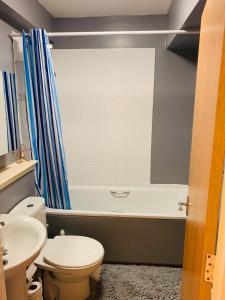a bathroom with a toilet and a sink and a tub at CyCy Apartment in Aberdeen