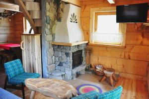 Cabaña de madera con sala de estar con chimenea de piedra. en Krolowo Apartment, en Krościenko nad Dunajcem