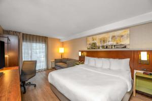 Comfort Inn Airport في وينيبيغ: غرفة الفندق بسرير كبير ومكتب