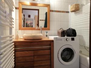 uma casa de banho com um lavatório e uma máquina de lavar roupa em Orée des pistes em Combloux