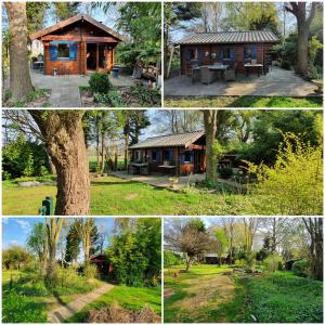 eine Collage mit Fotos einer Hütte in der Unterkunft Chalet in paradise garden in Velden