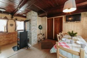 a kitchen and dining room with a table and a television at Chalet Tisa Velika Planina in Stahovica