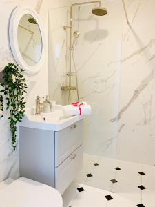 a bathroom with a sink and a shower at Apartaments Karlikowska Lux 2 in Sopot