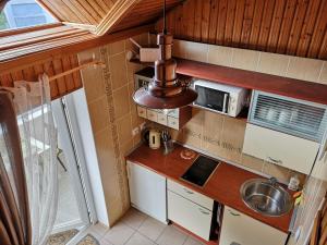a small kitchen with a sink and a microwave at Mini Kotedžas Vakaris in Nida