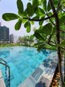 a swimming pool in the middle of a city with trees at Minh Boutique in Danang